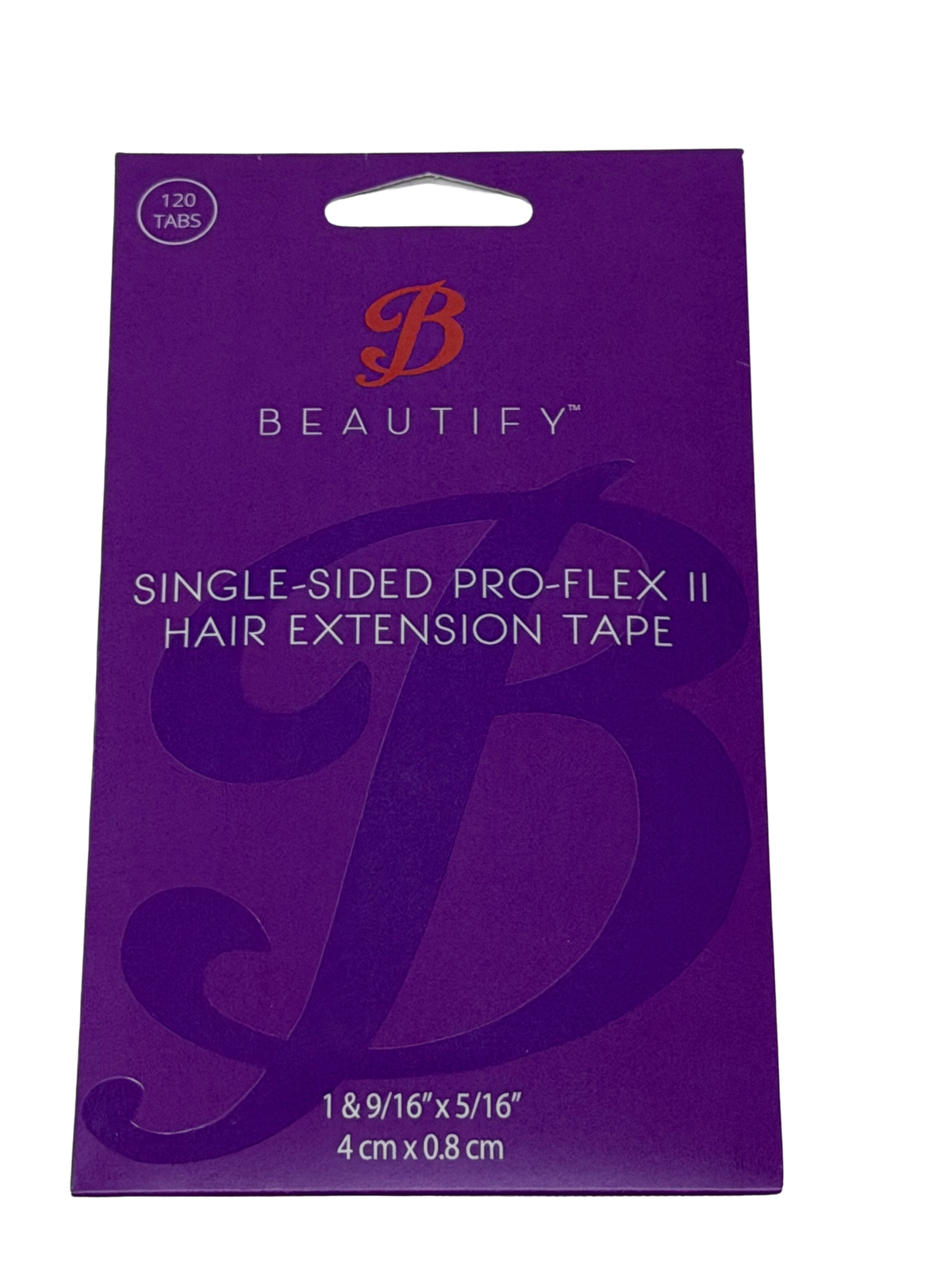 Beautify™ Single-Sided Pro-Flex II Hair Extension Tape 120 Tabs – purple packaging showing 4cm x 0.8cm tab dimensions