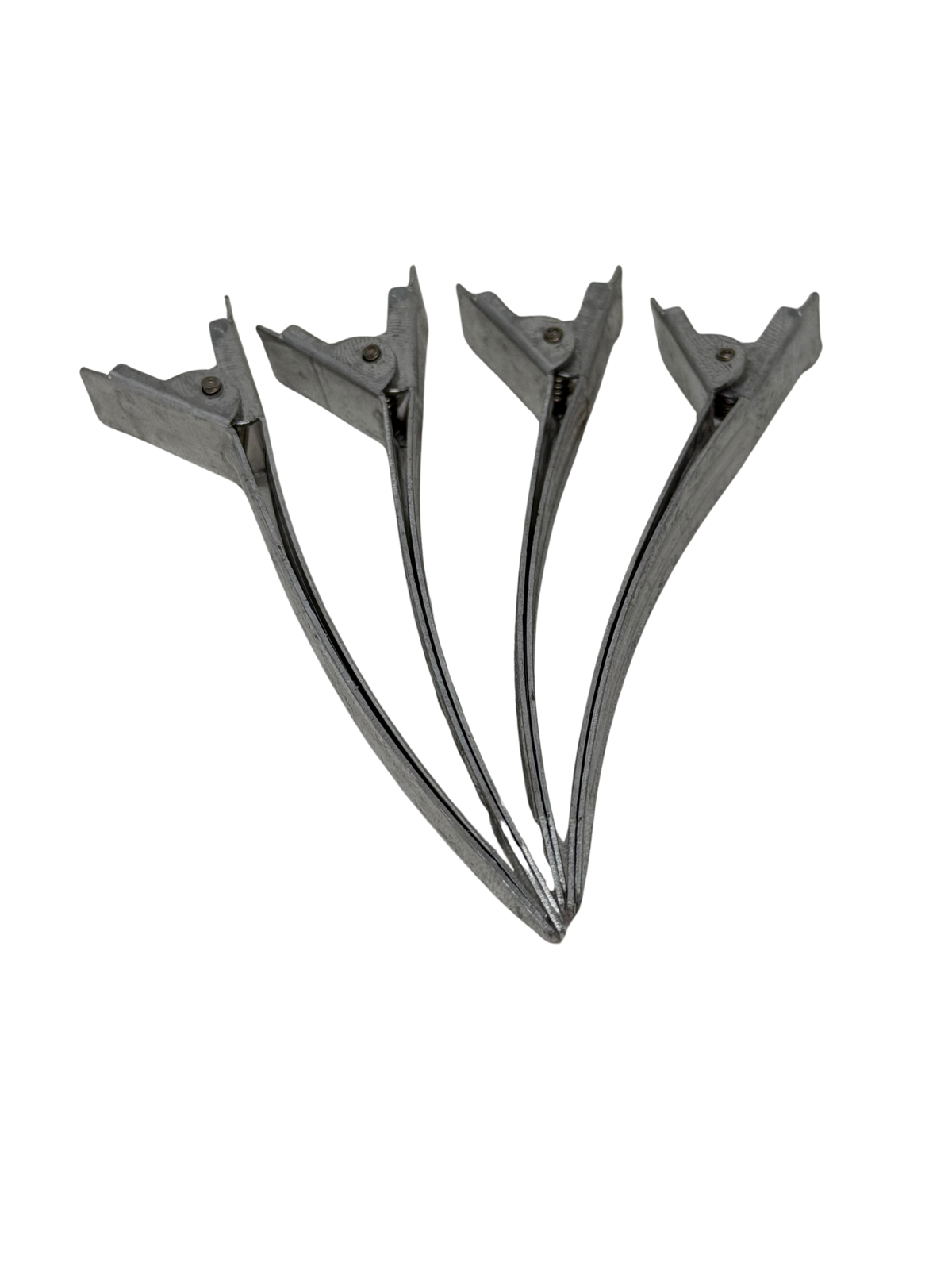4-pack gunmetal duck bill hair sectioning clips fanned out on white background