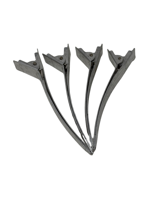 4-pack gunmetal duck bill hair sectioning clips fanned out on white background