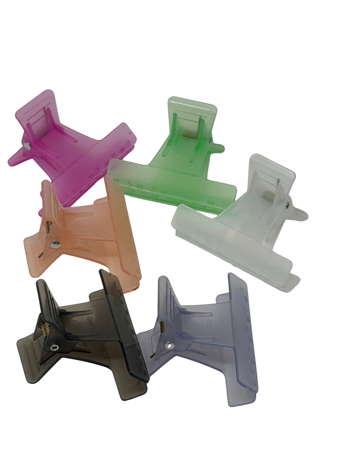 5-pack frosted butterfly hair claw clips in assorted colors: purple, pink, green, clear, and smoke gray