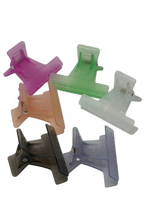 5-pack frosted butterfly hair claw clips in assorted colors: purple, pink, green, clear, and smoke gray